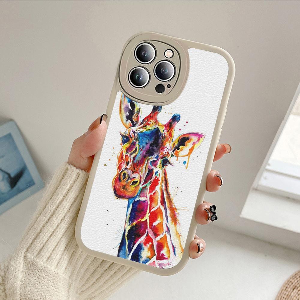 Watercolor Giraffe Painting Style Phone Case for Iphone 14 13 11 12 Pro MAX 13 MiNi 7 8 Plus X XS XR Lambskin Protective Covers