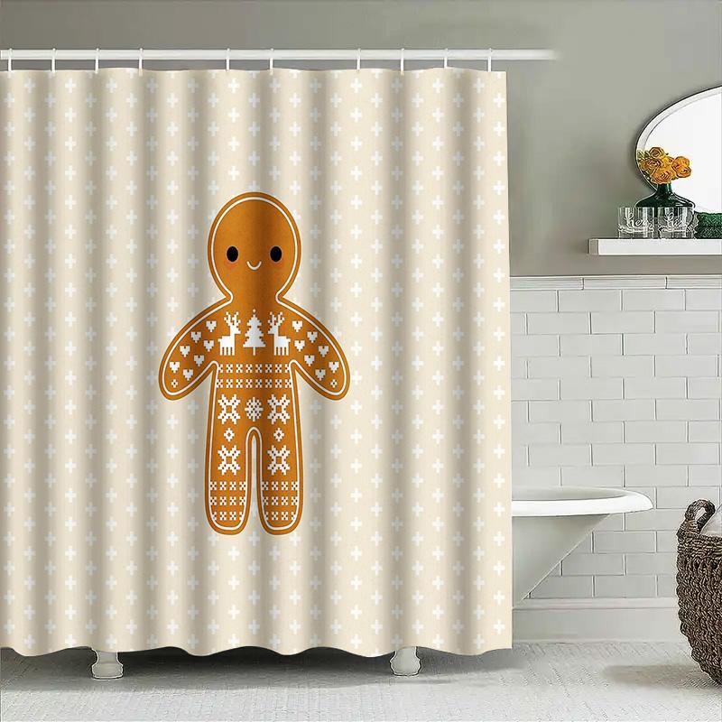 Unframed Christmas Gingerbread Man Shower Curtain Festive Holiday Bathroom Decor Waterproof Fabric Backdrop Xmas Party Supplies