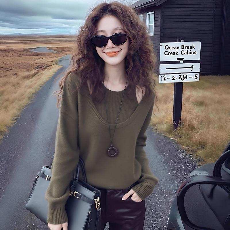 Korean Style Lazy Style Fake Two-piece Sweater Women's Autumn and Winter Casual Inner Top