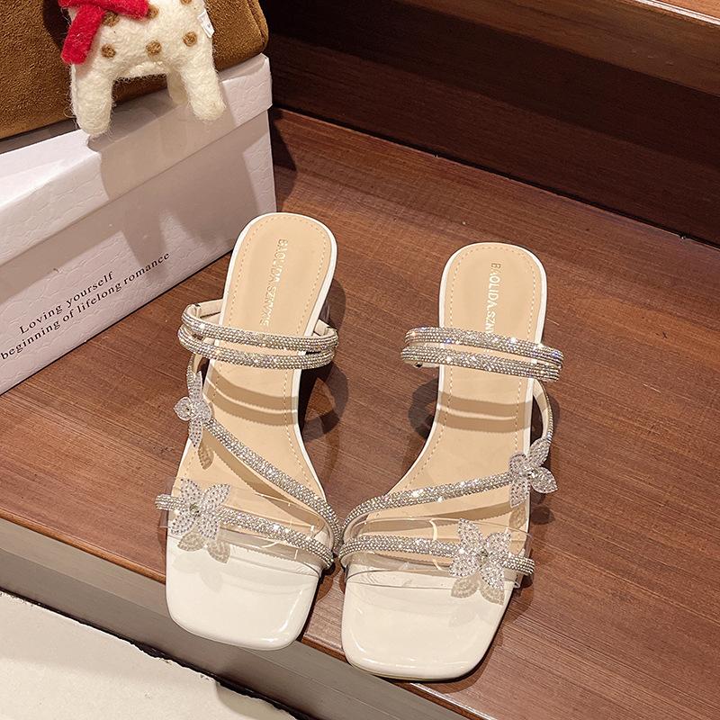 French Bow Rhinestone Women's White 2025 Summer New Popular Beautiful Matching Skirt Thick Heel Crystal and Cool Slippers