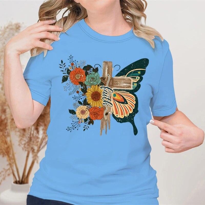 

Женские топы в стиле ретро с бабочкой Faith Cross, футболки с короткими рукавами, женская летняя модная женская футболка, футболка с христианским графиком L