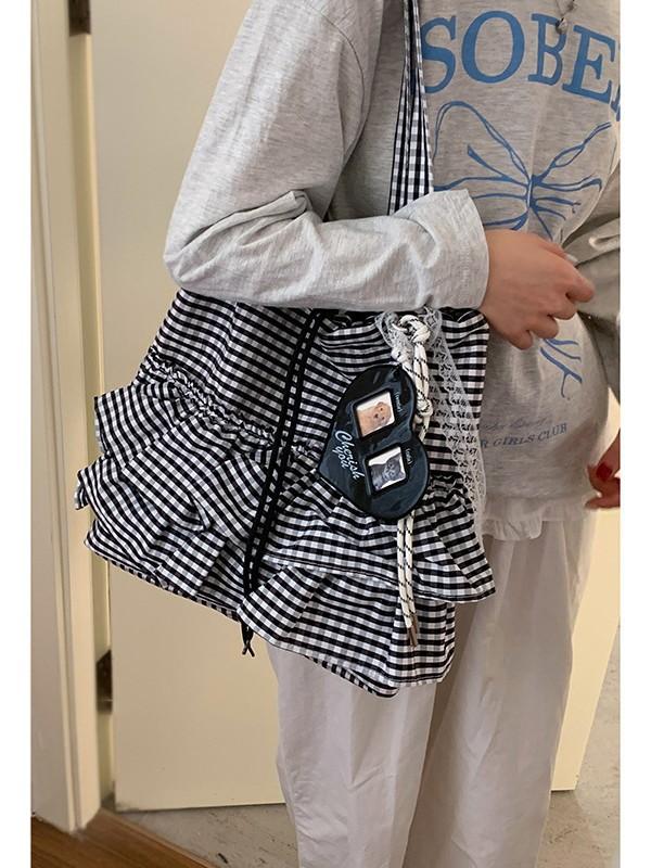 Cute College Style Plaid Canvas Bag Women S Tide Fashion Korean Tote Bag Large Capacity Lace Bag