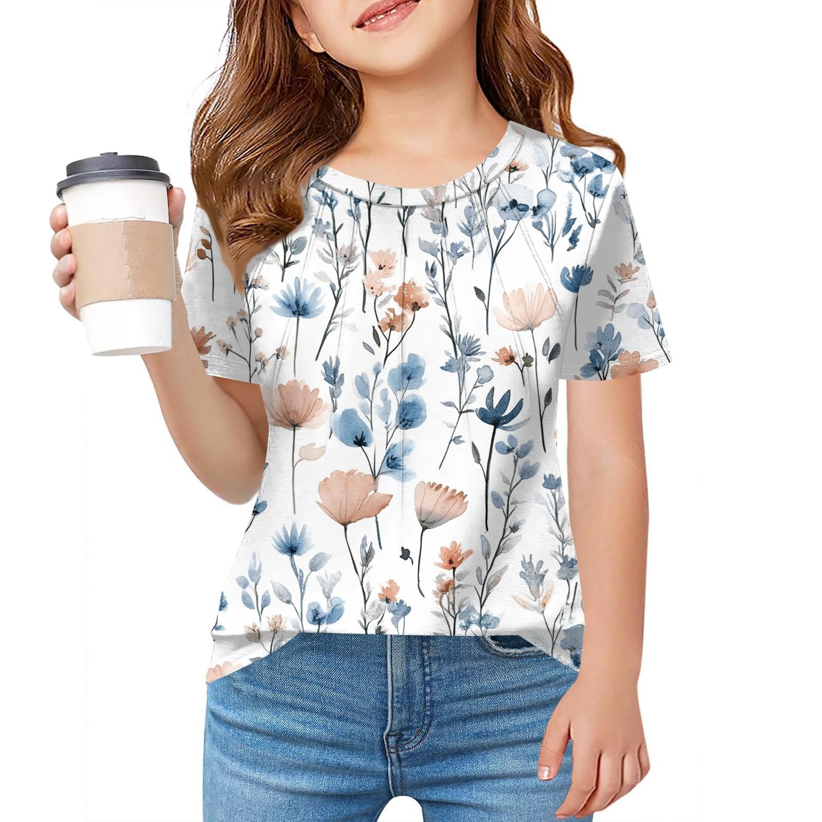 Children Fold A T-shirt Girl Summer Fashion Round Collar Printed Flower Jacket With Short Sleeves 100 хаки