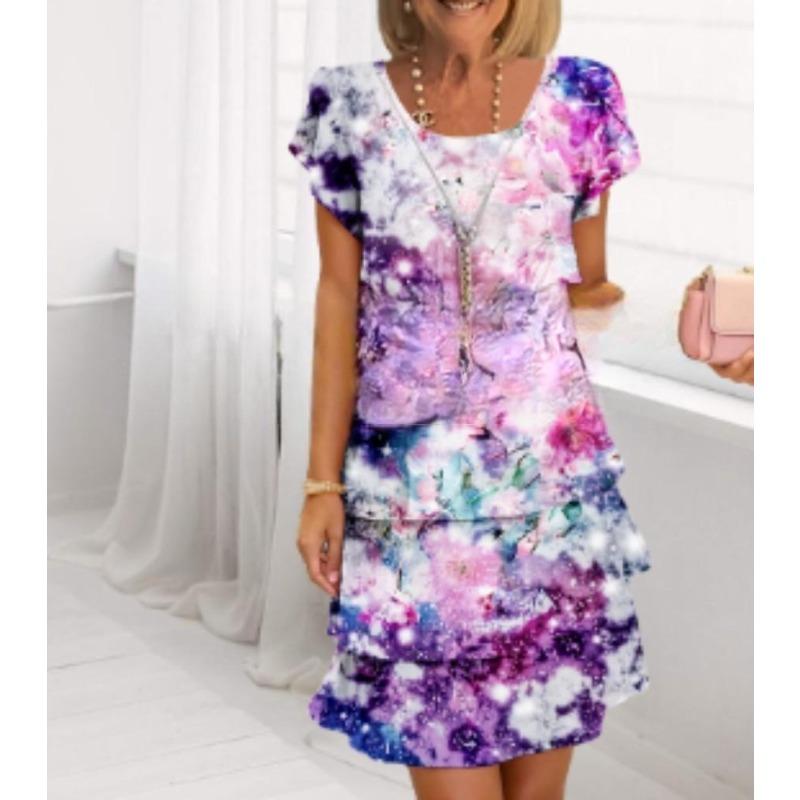 VEZFAA Women's Fashion Summer Spring Flower Pattern Print Short Sleeve O-Neck Loose Waistline Casual Dresses