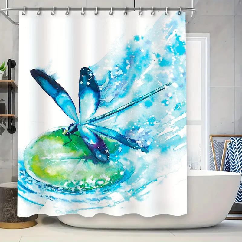 

Watercolor Blue Dragonfly Bath Shower Curtain Creative Design For Bathroom Decor W60H190(CM)-1 Pcs