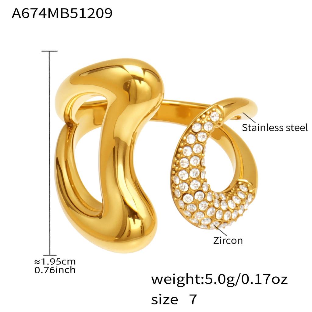 18k Gold-Plated Zirconia Inlaid Stainless Steel Open Ring Set - Modern Fashion Jewelry