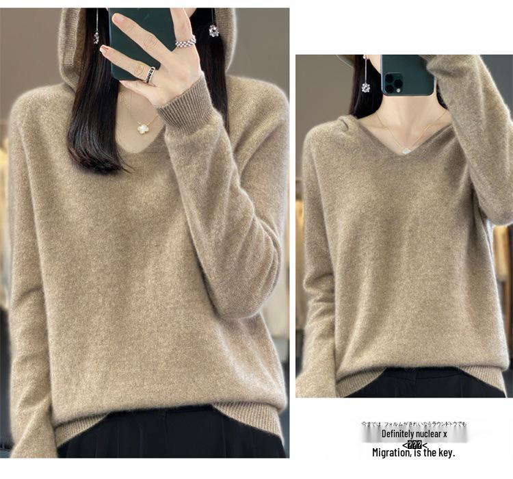 Women's V-Neck Hooded Wool Sweater - Autumn/Winter Loose Knit Pullover