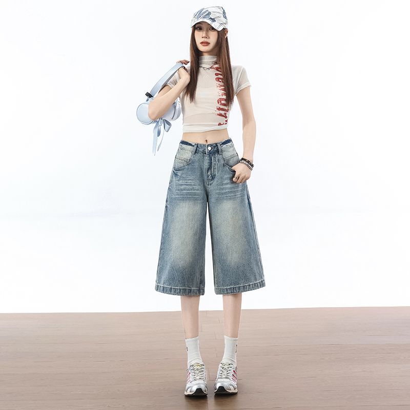 Fashion Summer Loose Straight Blue Denim Cropped Capri Pants Versatile Slimming Minimalist Daily Essential