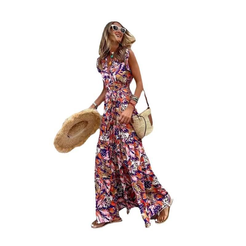 Womens Sleeveless V-Neck Printed Maxi Dress With Flowy Skirt Casual Chic Outfit