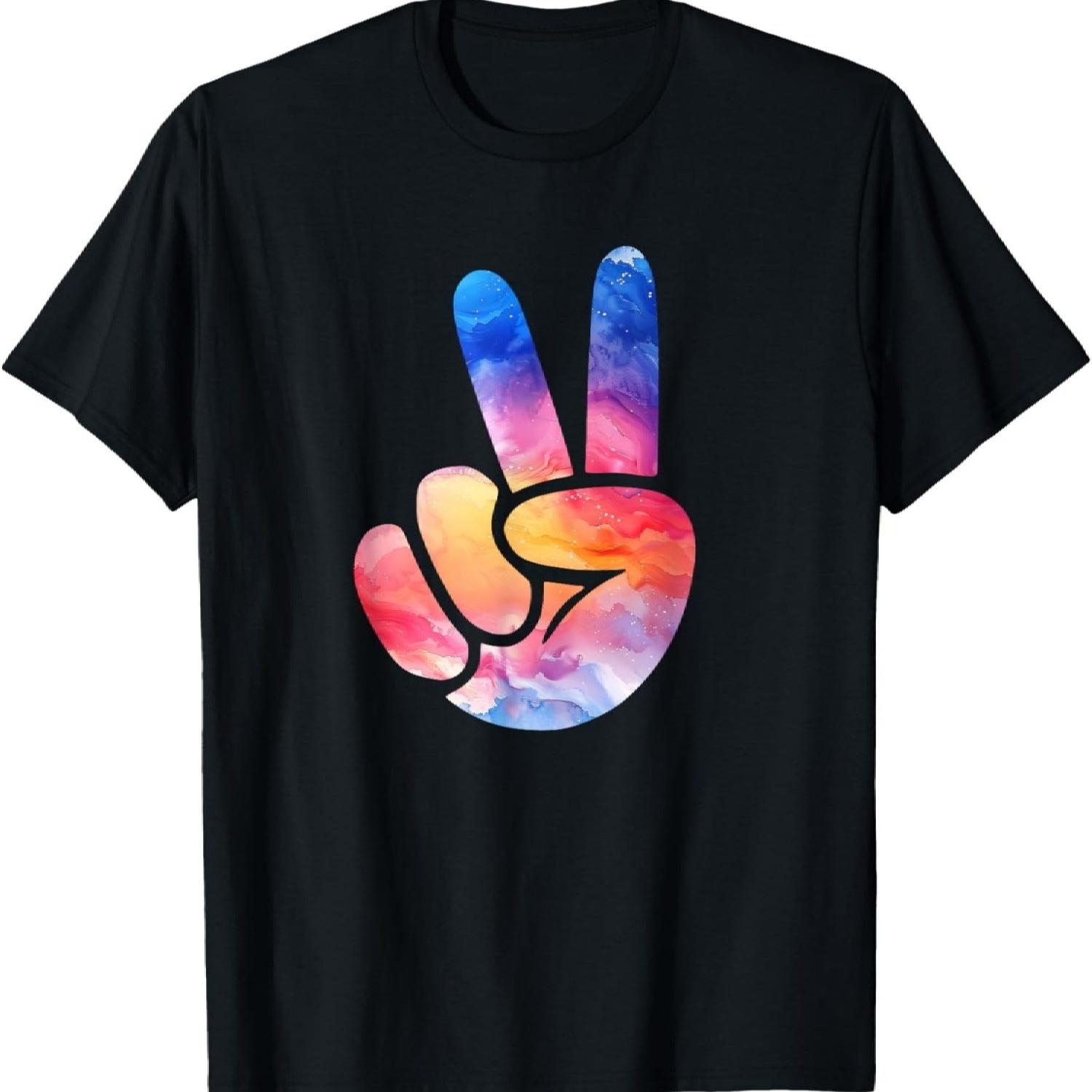 Цветная Силуэтная Цветная Арт Акварель Знак Мира Рука Футболка(45) S