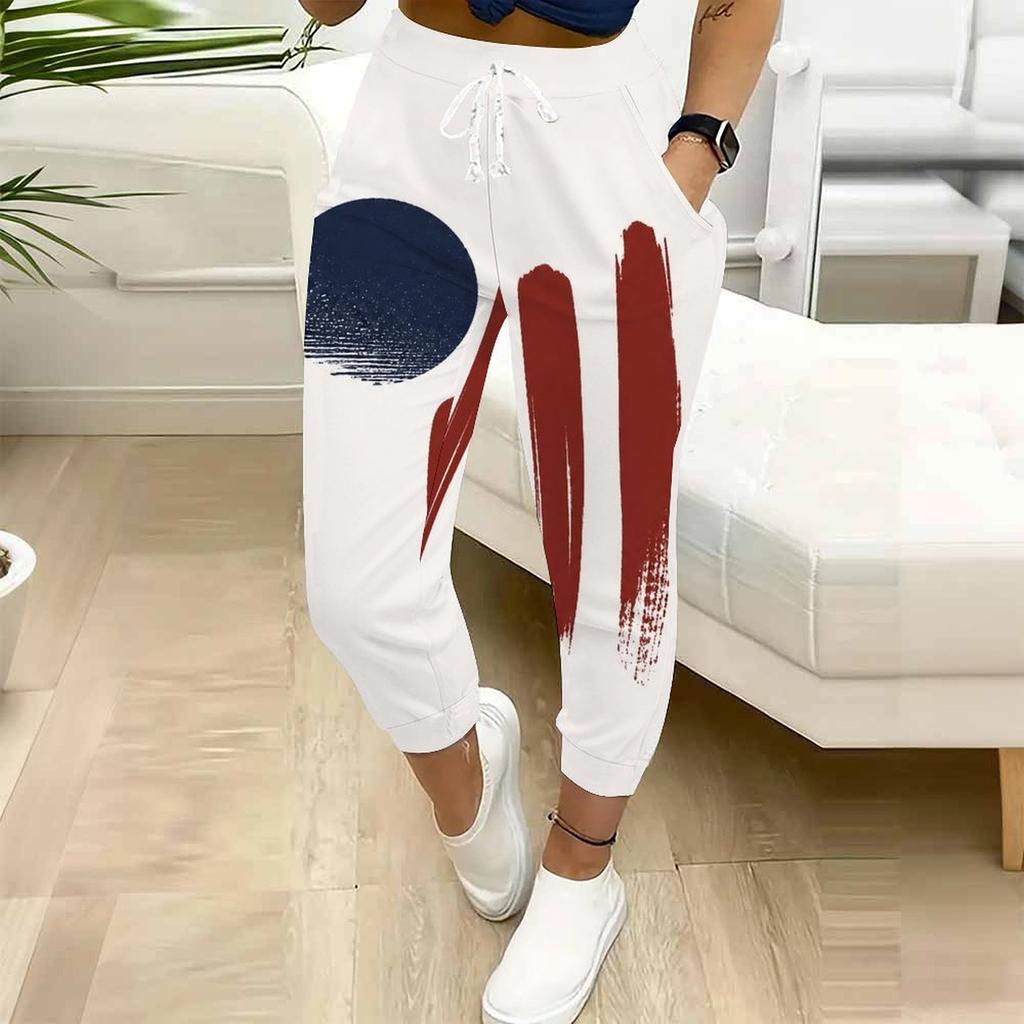 Women Plus Size White Star Stripe Printed Jogger Pants Drawstring Waist Side Pockets Cuffed Ankle