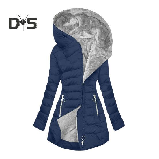 Giacca invernale da donna imbottita taglie forti con fodera in peluche, chiusura con cerniera imbottita, lunghezza media, con cappuccio, tinta unita, caldo, antivento