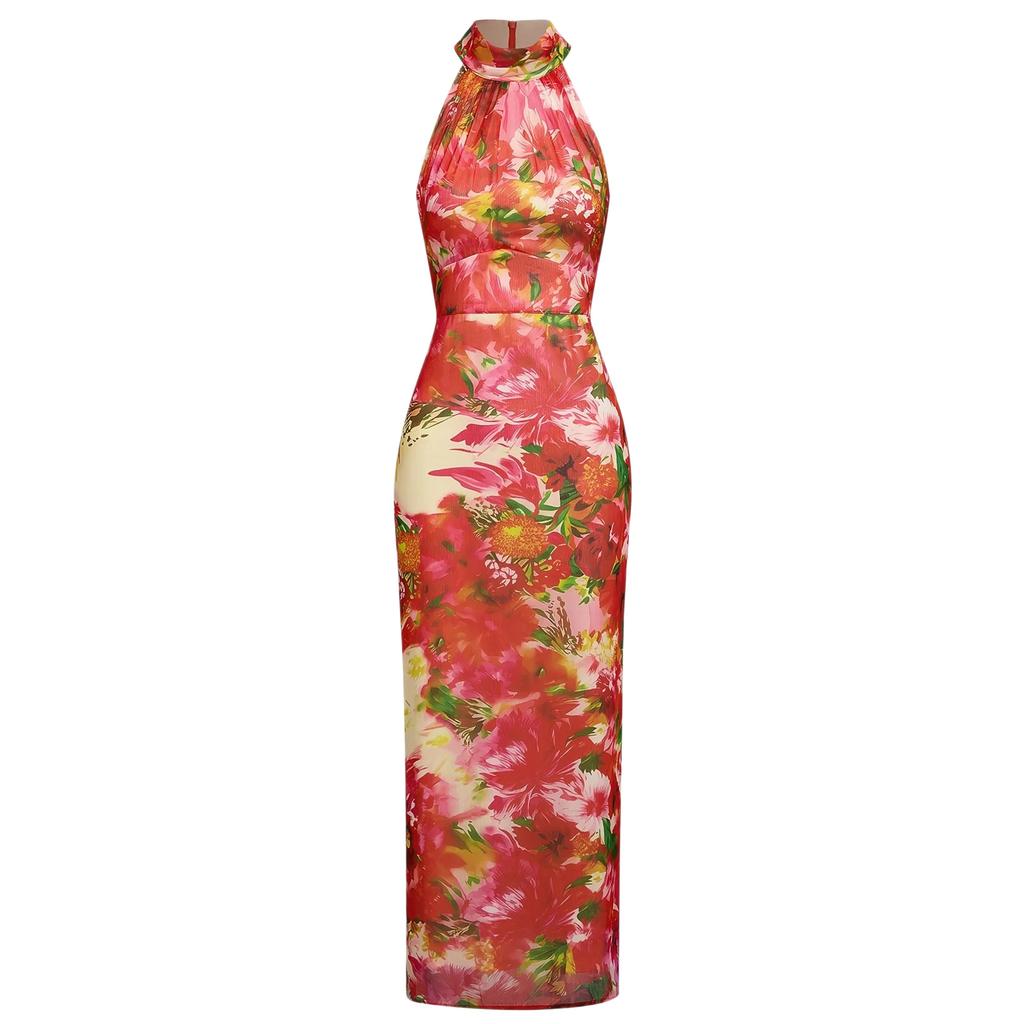 French Romantic Neck Flower Print Long Dress Sleeveless Off-the-shoulder Waist Thin Chiffon Holiday Dress