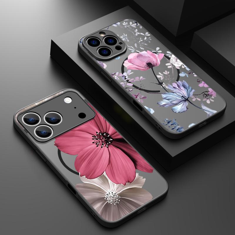 Translucent Matte Magnetic Case For iPhone 17 16 15 Pro 14 13 Pro Max 16e 17e For Magsafe Big Floral Pattern Hard PC Back Cover