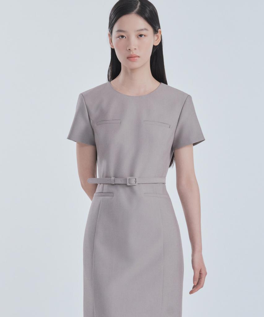 Mausolleum Belted Round Neck Long Suit Dress - Ash Beige