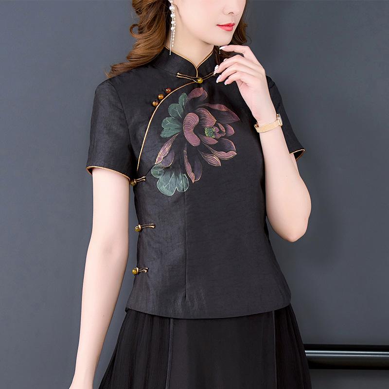 

Женская блузка с коротким рукавом из шелка Сянъюньша - в китайском стиле с пуговицами-лягушками, летняя одежда, топ для мамы L чёрный