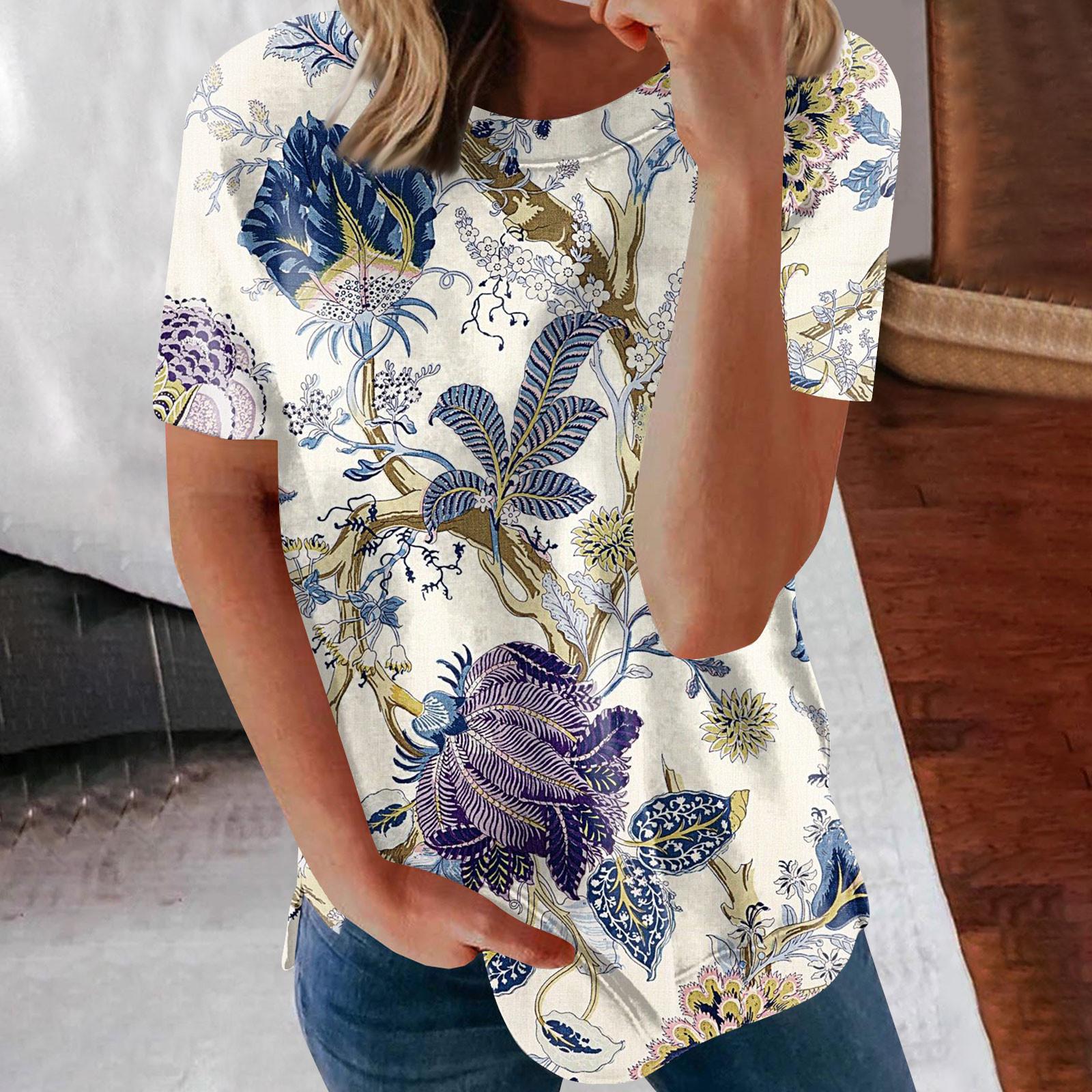 

Женские летние свободные топы с короткими рукавами и круглым вырезом в стиле ретро с короткими рукавами и принтом, женские летние футболки XL фиолетовый