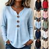 Women New Early Autumn Loose Solid V Neck Button Ruched Long Sleeve Blouse