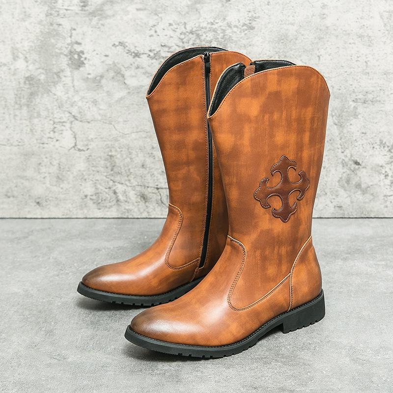 Bottes Western Cowboy en Cuir Mi-Mollet Style Européen & Américain pour Homme avec Fermeture Éclair