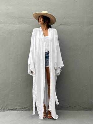 European and American Cotton Belted Cardigan Beach Cover-up: Sexy Long Sleeve Vacation Bikini Wrap