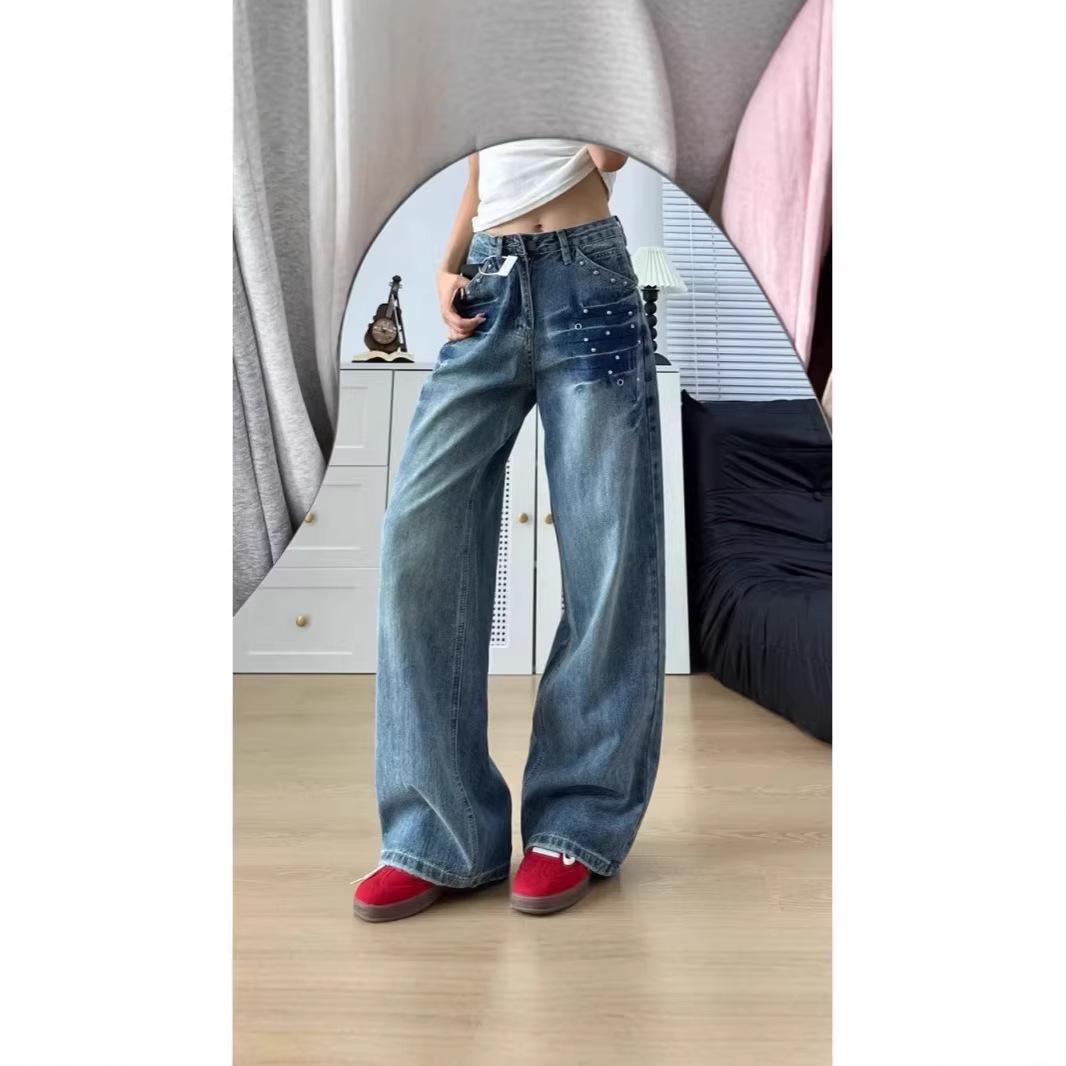 

Women s High-Waisted Retro Rivet Wide-Leg Jeans - Spring Straight-Fit, Floor-Length Pants Extra Small синій