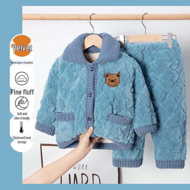 

Winter Kids Flannel Pajamas: Boys & Girls Coral Fleece, Velvet-Lined, Three-Layer Quilted Parent-Child Sleepwear 100 - 90-100cm (up to 30kg)