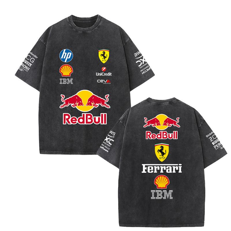 Red Bull 2026 Zomer F1 Racepak  Korte Mouwen Vintage Washed T-shirt Rond Hals T-shirt S zwart
