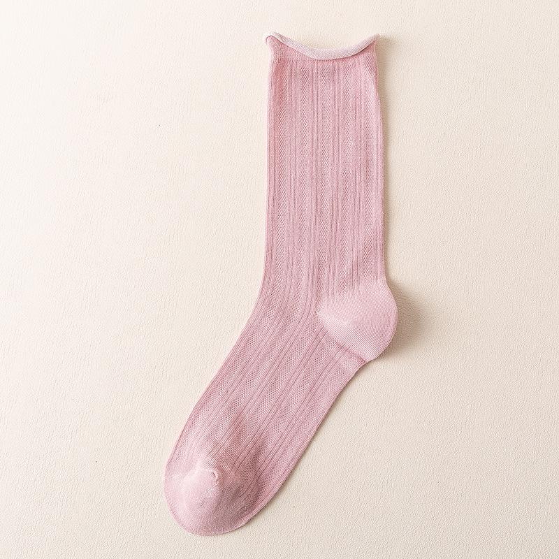 Yuxuan Women's Ice Silk Mesh Socks - Breathable, Soft, Mid-Calf Scrunch Style for Spring, Summer, and Autumn In White.