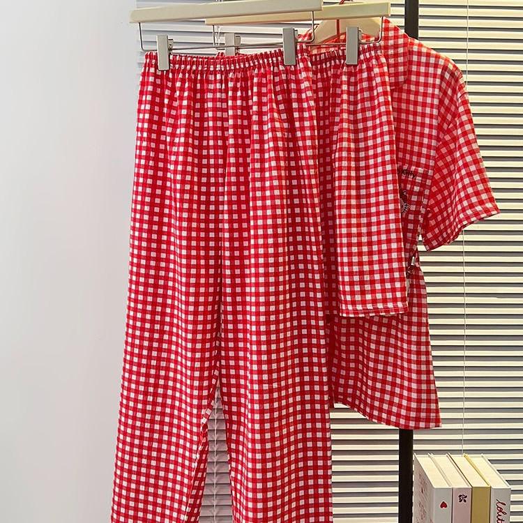 Women's Red Plaid Kitty Pajama Set - Short Sleeve & Shorts