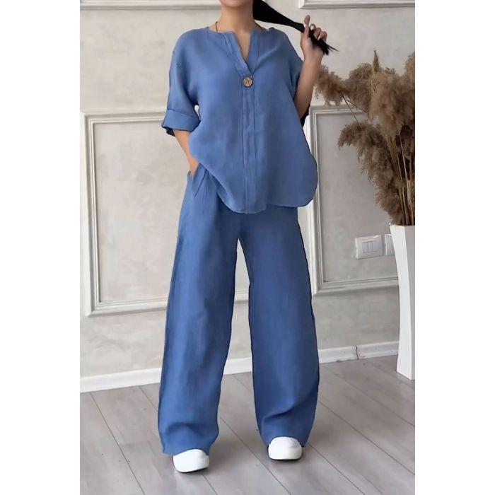 Women's Plus Size Cotton Linen Summer Shirt & Long Pants Two-Piece Set
