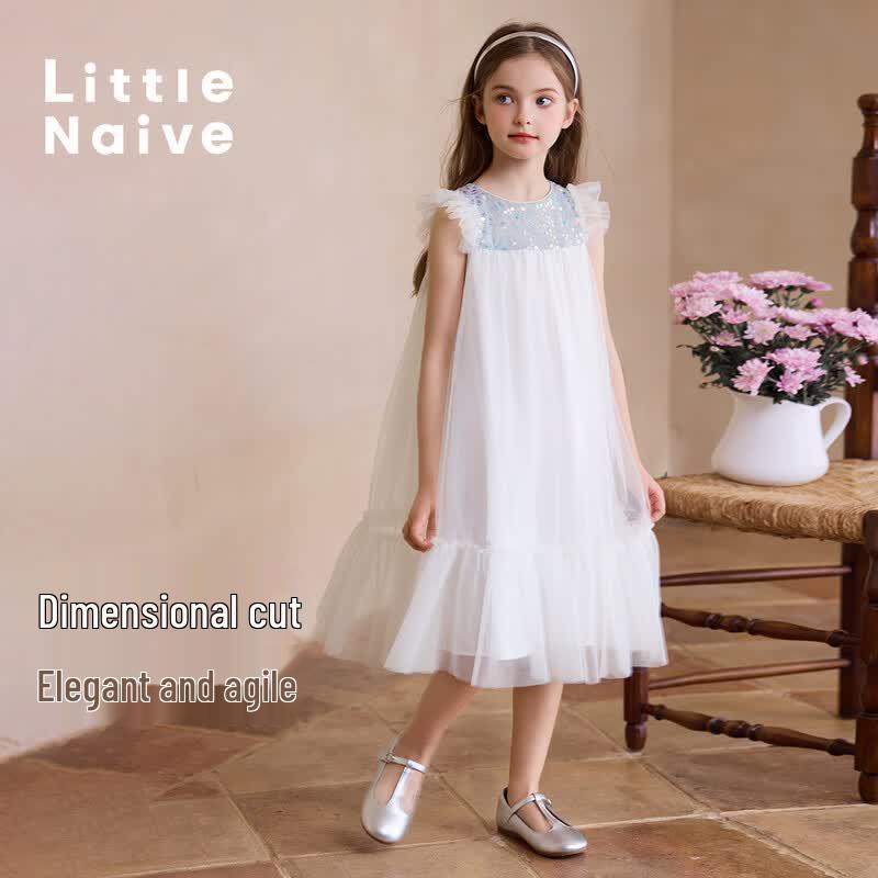 Girls  White Sequin Mesh Flutter Sleeve Princess Dress 150