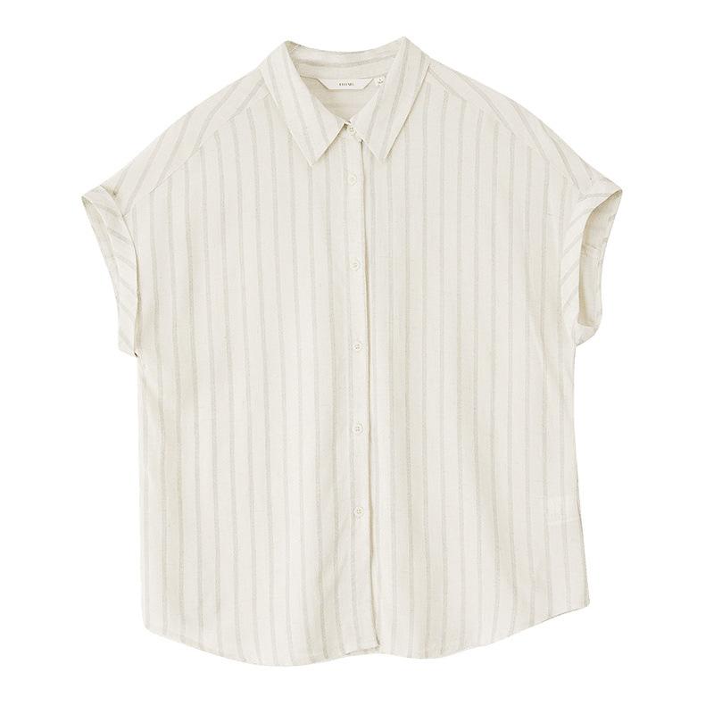 Summer Cotton and  Linen  Striped Casual Loose Short-sleeved Shirt Top Women