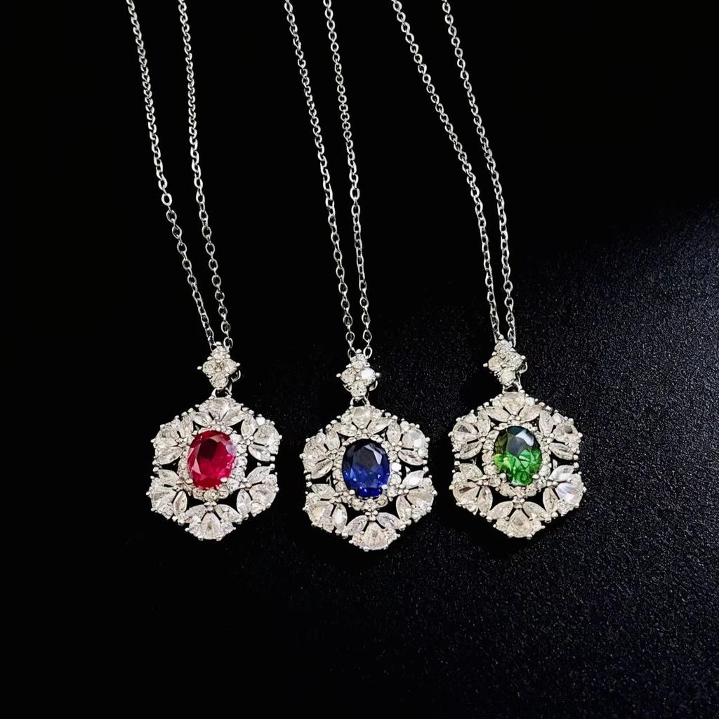 Luxury Jewelry Imitation Sri Lankan Sapphire Necklace Full Diamond High Carbon Diamond Treasure Pendant Collarbone Chain