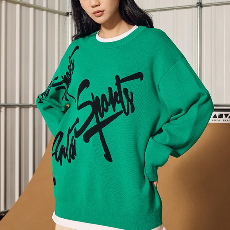 Anta Letter Print Crew Neck Long Sleeve Sweatshirt Unisex Tops Leopard-Green 172248768S-1