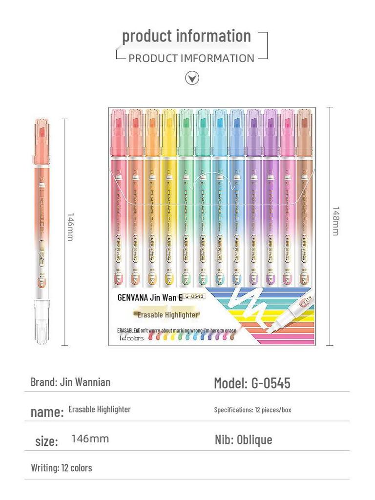 Jin Wannian 12-Color Erasable Double-Ended Fluorescent & Highlighting Pens Set