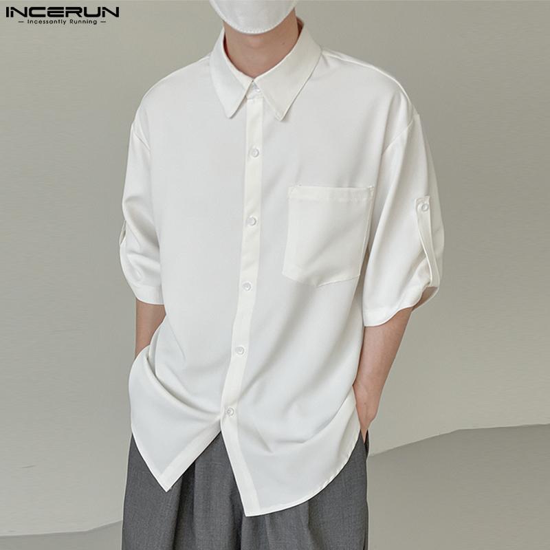 

INCERUN Летние тонкие мужские однотонные рубашки с короткими рукавами