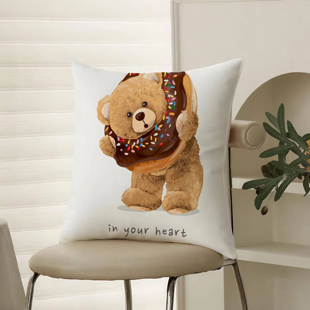 Childish-hearted And Friends Teddy Bear-B Pillow Case Comfort Sofa Bed Silky Elegant Invisible Zipper Decorative Cushion Cover