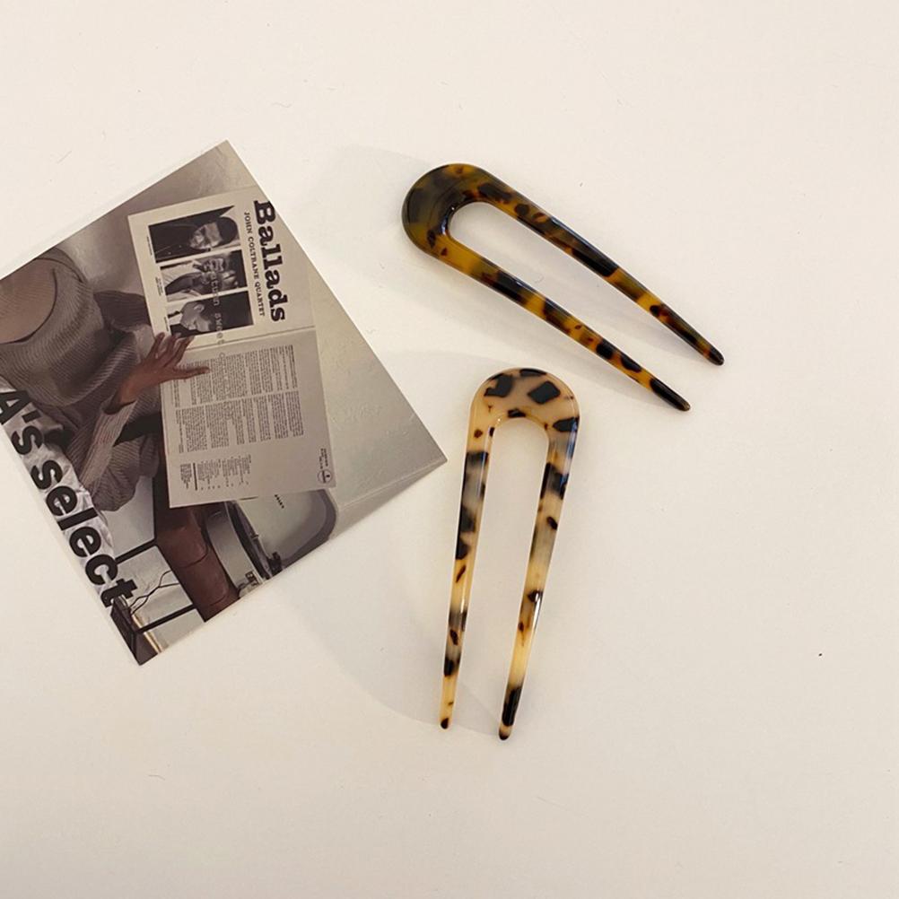 2Pcs U Shaped Hairpin French Style Hair Stick Tortoise Shell Hair Pin 2 Prongs Updo Chignon Pins for Women Girls Hair