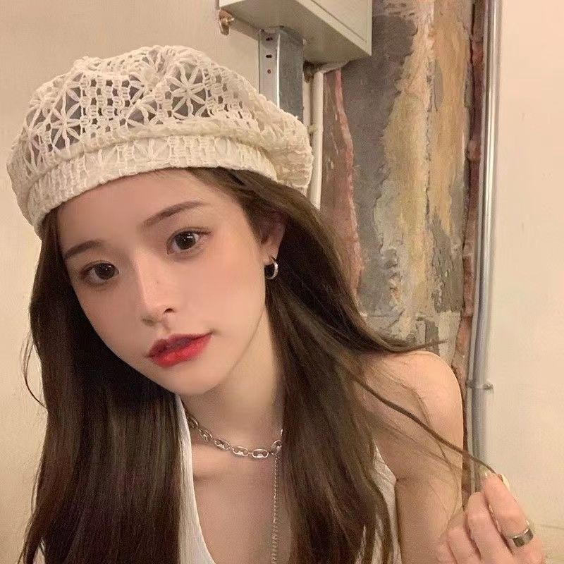 Women's Korean Style Sweet Hollow Breathable Lace Beret Summer Thin Breathable Versatile Fashionable Artist Beret Hat