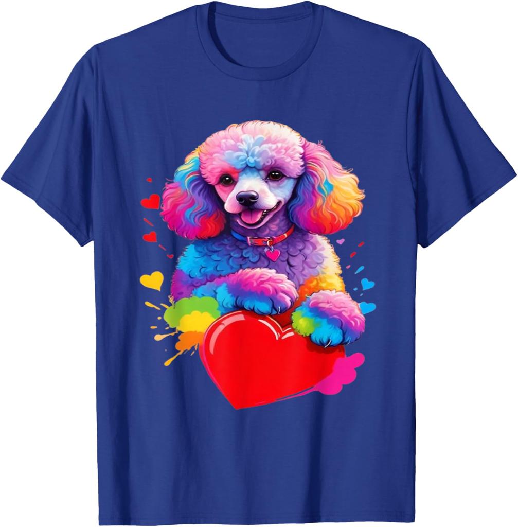 Colorful Rainbow Poodle Heart Graphic Tee Men Casual Short Sleeve Cotton Print T-Shirt