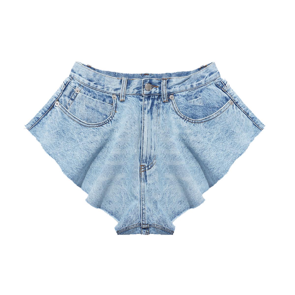 

European Ruffled Hem Wide-Leg Denim Shorts 1305 - Faux Skirt Style Medium