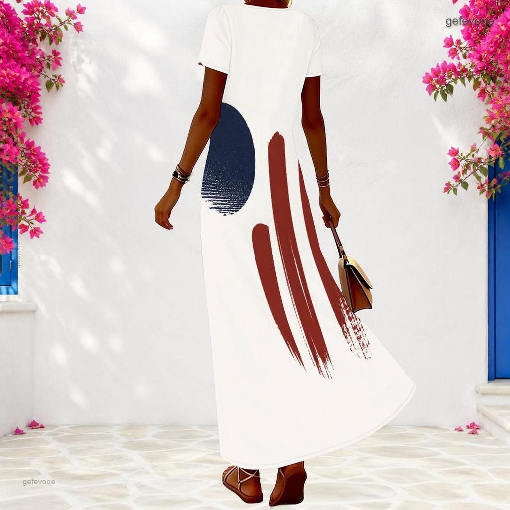 Women Plus Size V Neck Short Sleeve Loose Printed American Flag Long Maxi Dress