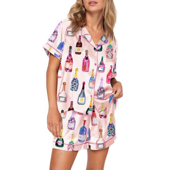 2Pcs/Set Pajamas Set Women Loungewear Sleepwear Button Closure Lapel Short Sleeve Casual Print Pajamas