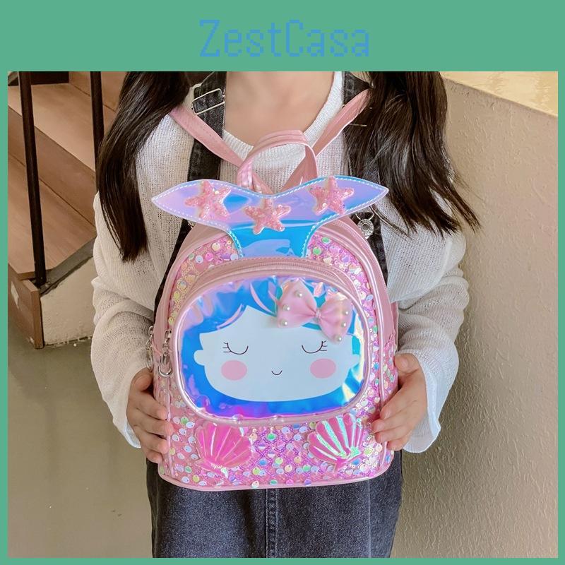 Children Backpack Girls With Shiny Shell Mermaid Tail For Kindergarten Use