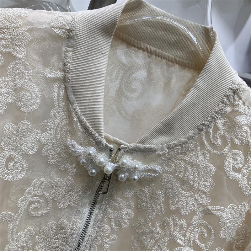 Women's Hollow Lace Jacket with Stand-up Collar - European Style, 2024 Spring, Korean Slimming Fit, Elegant Fragrance-Inspired Design.