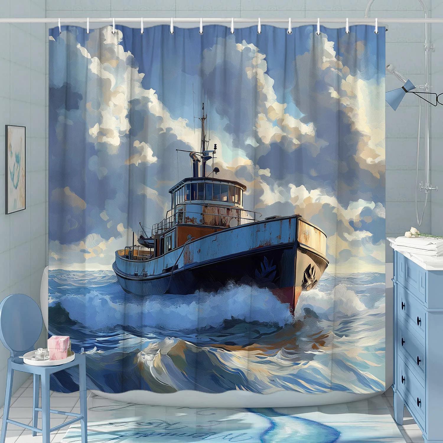 

1Pc Blue Tugboat Shower Curtain - Dramatic Waves Design, Polyester, Washable With 12 Hooks, Nautical Bathroom Decor W60H190(CM)-1 Pcs