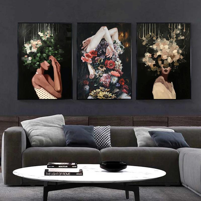 Abstract Women Head With Flowers Canvas Painting Modern Figure Posters And Prints Wall Art Picture for Living Room Home Decor