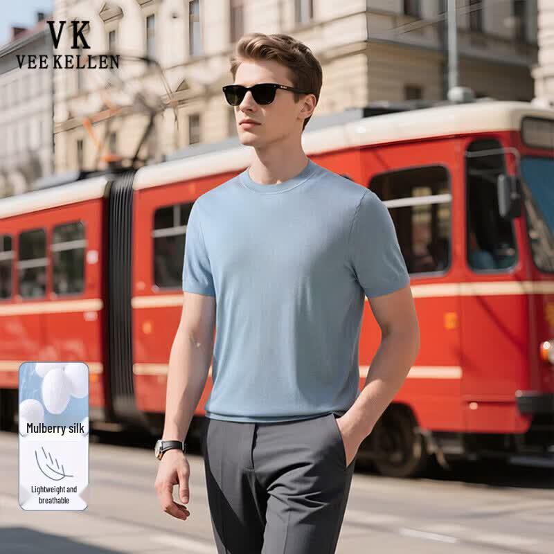 VEE KELLEN Men s Silk Blend Jacquard Knit Short Sleeve T-Shirt M светло-синий
