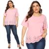 Plus Size Women's Solid Burnout Wavy-Edge Casual Round Neck Short Sleeve T-shirt