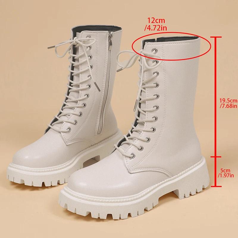 Fashion Comemore Fashion Black PU Leather Mid Calf Boots Women Thick Sole Black Boots Woman Autumn Winter Lace Up Platform Botas Mujer